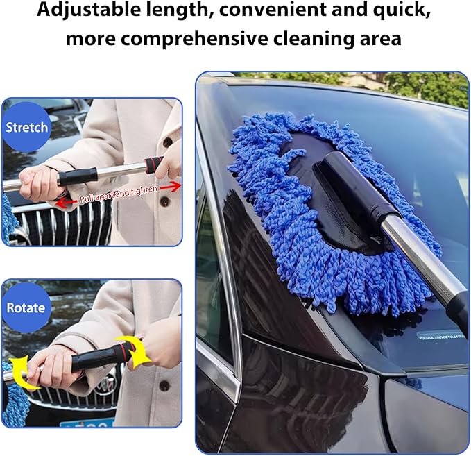 2 PCS Microfiber Car Dusters, Scratch Free Auto Exterior Dust Brust Set with Extendable Duster, Multipurpose Soft Brushes Dusting Supplies for Cars Trucks SUVs Motorcycles (Blue)