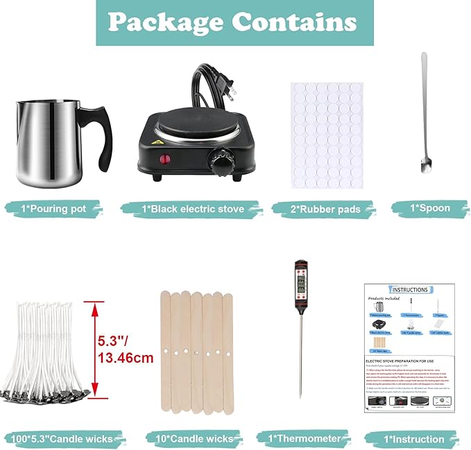 Haccah Candle Making Kit, Wax Melter for Candle Making Supplies, Candle Wax Warmer for Adults,Beginners, Including 500w Electric Stove,900ml Melting Wax Pouring Pot, Thermometer, Spoon, Candle Wick