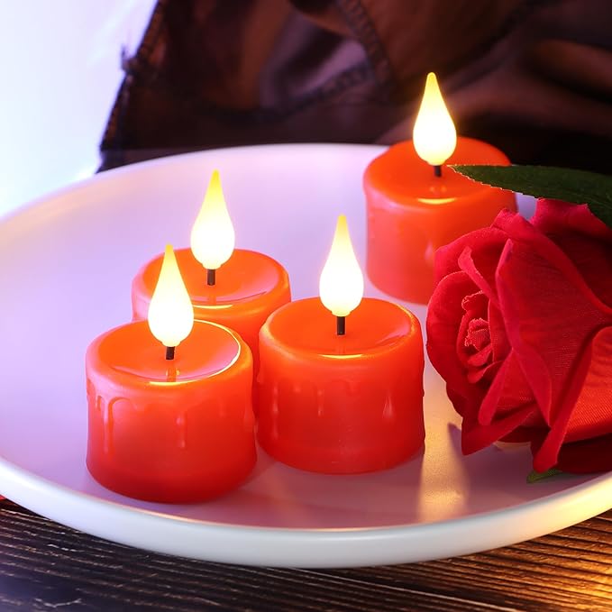 Rechargeable Flameless Tea Lights with Charging Base and USB Cable, Remote Control and Timer, Realistic Flickering Warm White Light, 6 Pack Red LED Candles