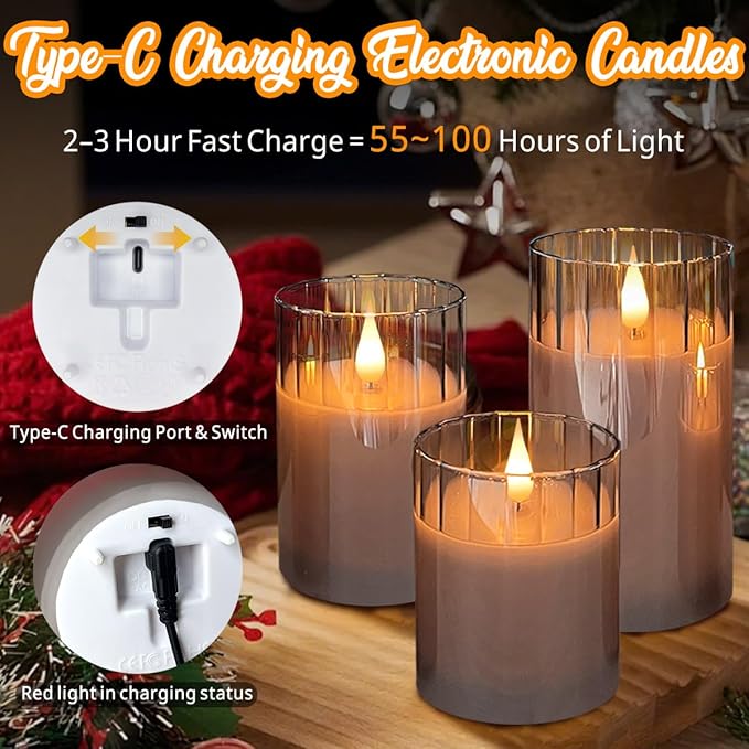 Rechargeable Flameless Candle, Flashing LED Pillar Real Wax Candle with Remote Control and Timer, Grey Stripes Glass Electronic Candles for Room Decoration, 1 Set of 3