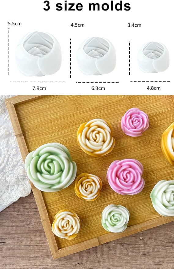 Konrisa 3 Size Rose Candle Making Molds, Flower Resin Molds, Silicone Molds for Epoxy Resin Craft,Candle Making, Cake Molds