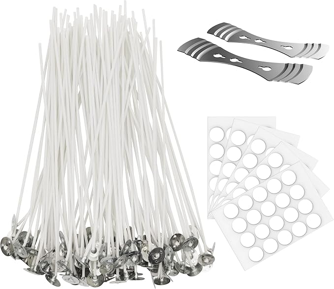 100 Pcs Cotton Candle Wick 8'',Wicks Coated with Paraffin Wax, 100PCS Candle Wick Stickers and 2PCS Metal Candle Wick Holders for Candle Making, Suit for Soy Beeswax Candle Making DIY