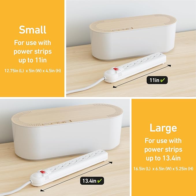 D-Line Cable Management Box with 6 AC Outlet 6ft Power Strip, Hide Extension Cords and Excess Wire Clutter, 16.5in (L) x 4.5in (H) x 5in (W) - Large, White with Wood-Lid