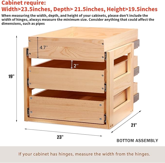 Mulush Pull Out Drawers For Cabinets, 23''W×21''D×19''H Soft Close Slide Out Wood Shelves Storage Organizer for Kitchen, 3-Tier, Finished, Heavy-Duty, Bottom Assembly
