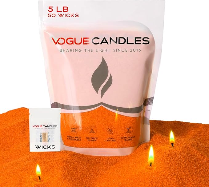Vogue Candles Orange Pearled Candle Sand Wax (5 LB) – Mother’s Day Candle Kit with 50 Cotton Wicks for DIY Home Lighting – Plant-Based & Reusable Wax Granules Refill for Clean Burning & Custom Vessels