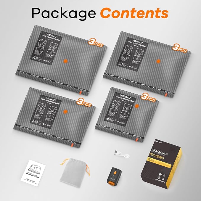 Travel Vacuum Storage Bags with Wireless Rechargeable Electric Pump, 12 Pack Travel Essentials Vacuum Seal Bags for Clothing, Space Saver Compression Packing Bags for Luggage, Suitcase, Backpack, Home