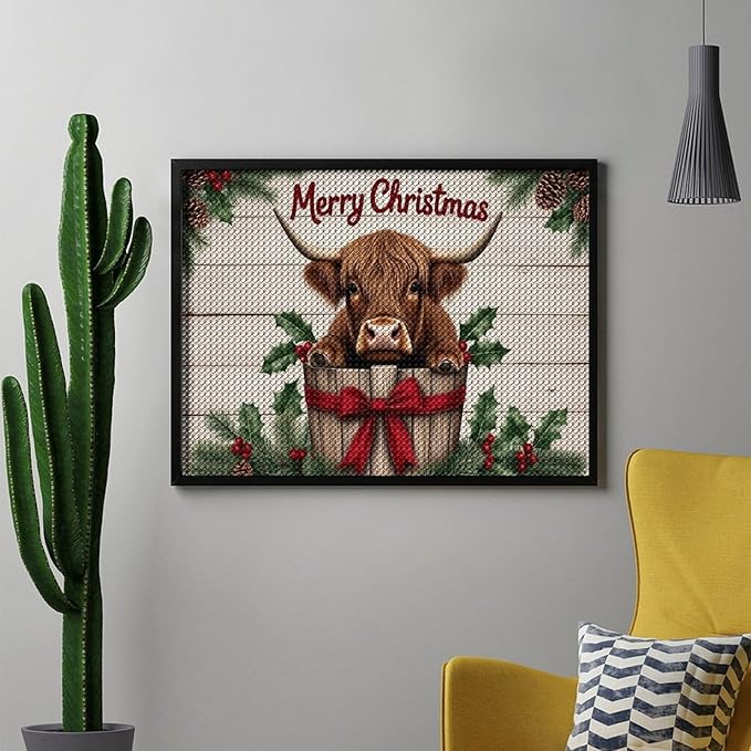 AIVKIEJK Diamond Painting Kits for Adults - Highland Cow Merry Christmas Painting DIY 5D Full Drill Diamond Dots Paintings with Diamonds Gem Art and Crafts Home Decor 12"x16"