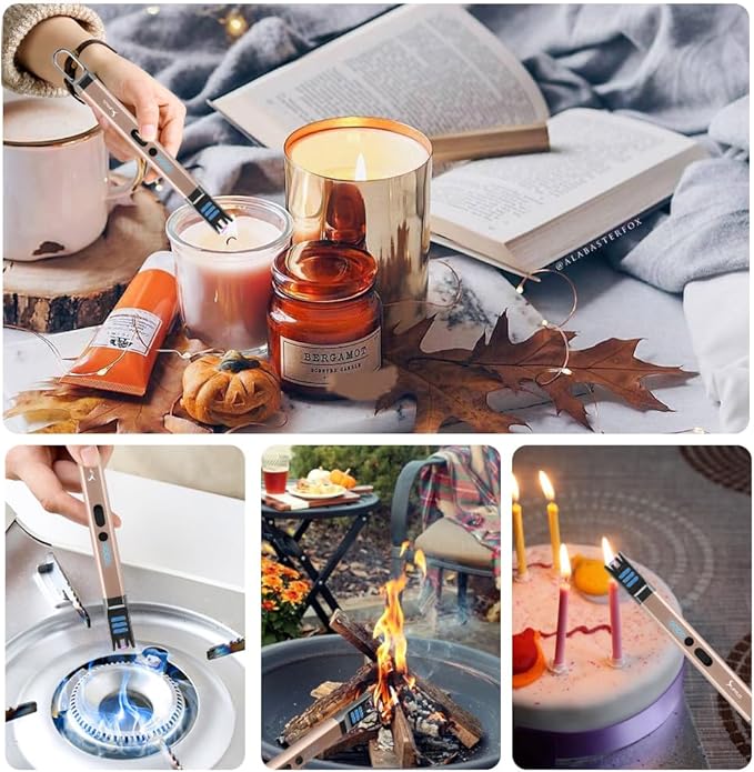 SUPRUS Candle Electric Arc Lighter Windproof Flameless USB Rechargeable Lighter with LED Light for Candle Camping BBQ Cooking (Champagne Gold&Champagne Gold)