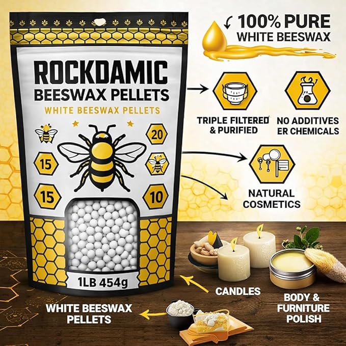 Rockdamic Natural White Beeswax Pellets 1lb - (454g) Organic Wax for Skin, Lip Balm, Lotion Making - Pure Pastilles, Unscented Beads for Candles, Salves, Soap, and Cosmetics - Bulk Melting Pellets