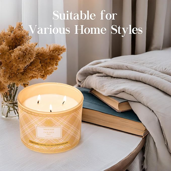 M&SENSE Plaid Pattern 3 Wick Soy Candles,11.64 oz Large Golden Fig Scent Candle for Relaxation, Gifting, Home Décor | for Bedroom, Office, Party