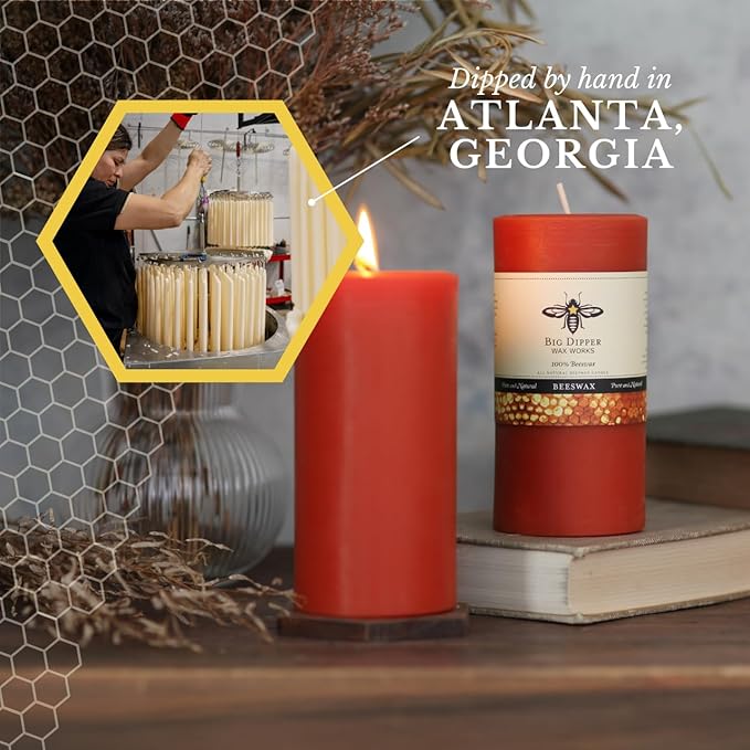 Big Dipper Wax Works Pumpkin Orange Pillar Candle, 90-Hour Long Burn, Pure Beeswax Candle, 3" x 6”