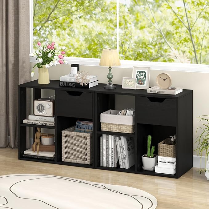 LOKO 3-Cube Bookshelf with Drawer, 2-Tier Open Shelf Bookcase, Freestanding Display Shelf, Modern Home Storage Organizer, Shelving Unit for Living Room, Bedroom, Study, Office (1, Black)