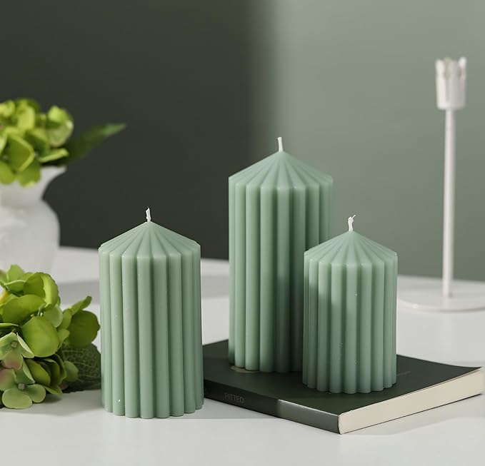 3 Pack Sage Green Ribbed Pillar Candles - Soy Wax Unscented, 2.76"x4.2/4.9/5.9 in Smokeless Non Toxic Cotton Wick, Aesthetic Modern Candles for Home Decor, Dinner Table, Living Room, Housewarming Gift