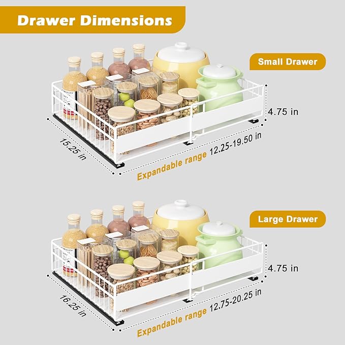 REALINN 2 Pack Pull Out Cabinet Organizer, Expandable(12"-20") Slide Out Drawers 3 Slide Rails Fix with Adhesive or Screw, Roll Out Shelves for Kitchen Cabinet Organization, White, 12cm height