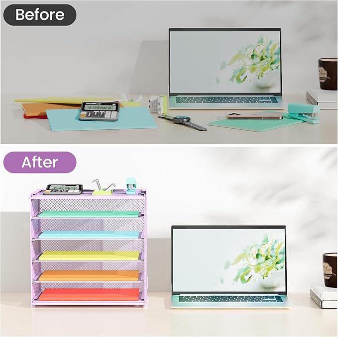 2 Pack 6 Tier Paper Organizer, Metal Mesh Desk File Folder, Letter Tray Organizer, Paper Sorter Desk Organizers for Office, Home or School File Folder Holder - Purple
