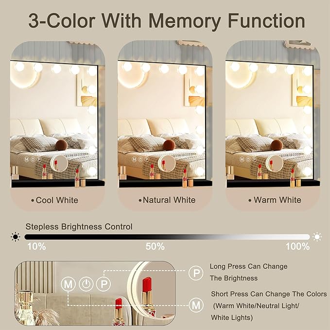 Ratsamee Black Hollywood Vanity Mirror with Lights, 18 Dimmable Bulbs, 3 Color Lights,Make Up Lighted Mirror, Aluminum Metal Frame, USB Charging Port（32" x 24"）