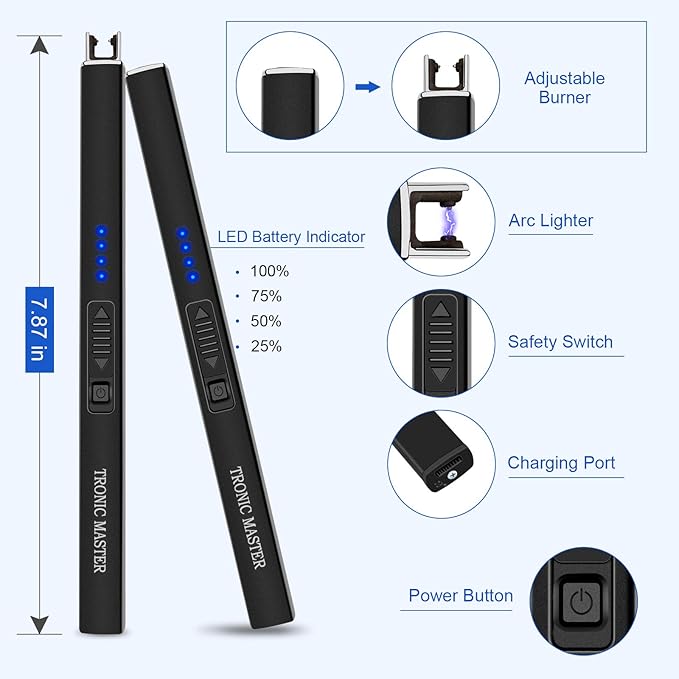 Electric Candle Lighter Plasma Arc Lighters with USB Rechargeable Battery Windproof & Flameless Retractable Head (Obsidian Black)