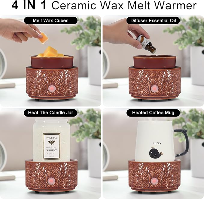 Ceramic Wax Melt Warmer, Fragrance Wax Warmer 4-in-1 Electric Candle Wax Melter and Wax Cubes for Home Office Bedroom Aromatherapy Essential Oil Burner is Birthday Gifts for Women Mom Girl(Dark Brown)