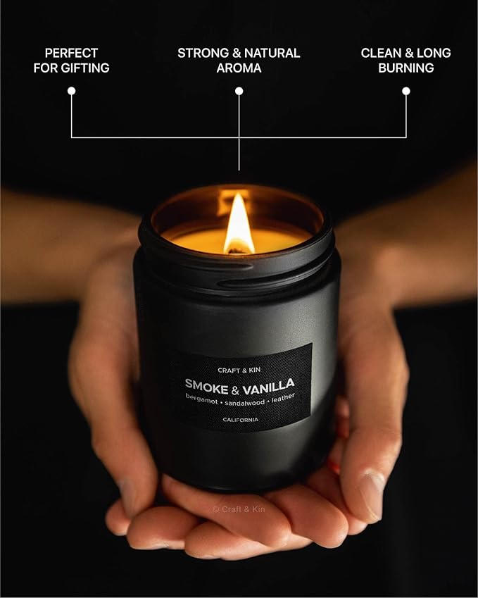 Craft & Kin Premium Smoke & Vanilla Candle | Black Scented Candles for Men | Long Lasting with 45 Hour Burn Time, 7.6oz | Soy Candle | Aromatherapy at Home | Gifts for Men