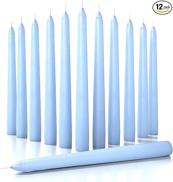CANDWAX Light Blue 8 inch Taper Candles Set of 12 - Unscented Smokeless Dripless Tall Candlesticks - Perfect for Special Occasions and Ordinary Dinners and as Easter Candles - Light Blue Candle Sticks