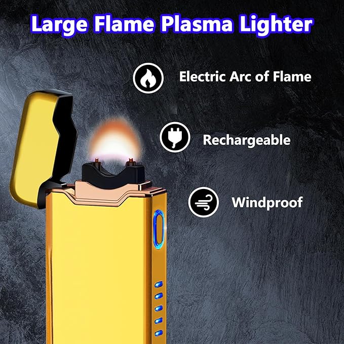 YOZWOO Plasma Lighter - USB Rechargeable Lighter High Power, Windproof Lighters Arc Lighters with Long Life Battery for Outdoor Camping, Hiking, BBQ (Gold)