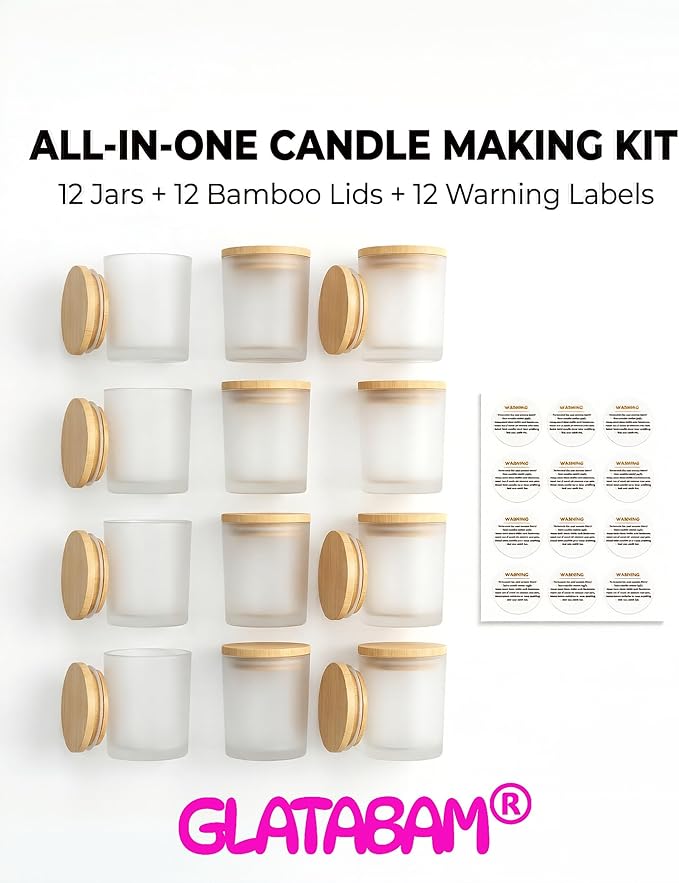 GLATABAM 7 OZ Candle Jars 12 Pack - Bulk Glass Candle Making Jars with Bamboo Lids & Labels, Heat Resistant Empty Reusable Candle Vessel for Containers(Frosted White)
