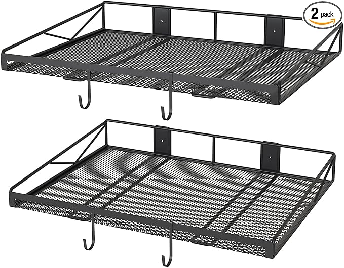 2 Pack Garage Wall Shelf, Garage Wall Mounted Shelving, Heavy Duty Floating Shelves With 4 Hooks, Loads 90 LBS Black Wall Shelves Mesh Storage Rack for Office, Basement, Wall Cabinet and Kitchen
