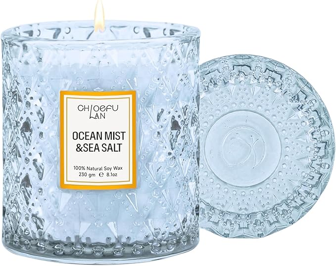 Chloefu LAN Ocean Candles Sea and Salt Candle with up to 55 Hour Long Lasting, Highly Scented, Luxury Air Freshening Jar Candles - Perfect Home Decor, Natural Soy Wax, Beach Candle, 8.1oz