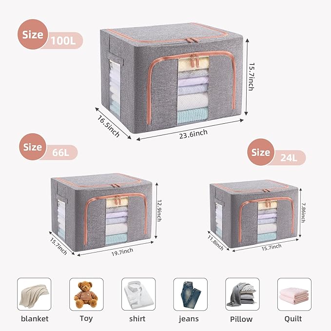 GuliPostan 3 Pack 24L Stackable Clothes Storage Bins with Metal Frame Handles & Zipper, Collapsible Closet Organizer Box with Lid for Bedding Blankets Towel (Grey)