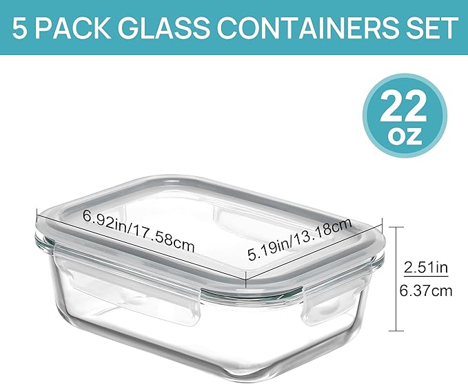 Vtopmart 5 Pack 35+22oz Glass Food Storage Containers with Lids, Airtight Reusable Meal Prep Lunch Container Set, Safe for Oven, Microwave, Freezer, and Dishwasher