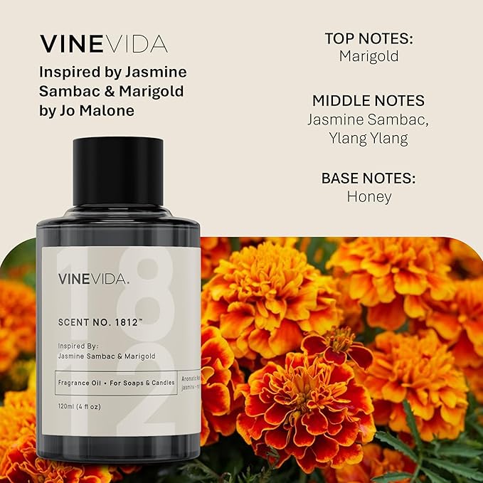 VINEVIDA [32oz] Jasmine Sambac & Marigold Fragrance Oil for Candle Making - Natural Candle Oil Scents - Soap Making Essential Oil - Made in USA