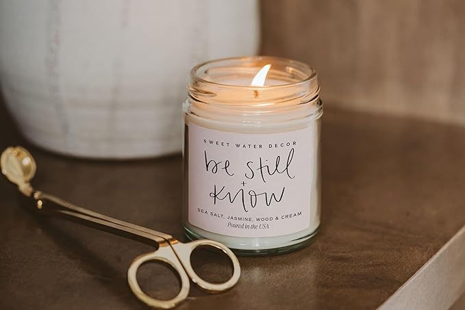 Sweet Water Decor, Be Still and Know, Sea Salt, Jasmine, Cream, and Wood Scented Soy Wax Candle for Home - Christian Candle Gifts for Women - 9oz Clear Jar, 40 Hour Burn Time, Made in The USA