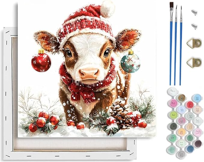 TCDZMYGS Christmas Paint by Numbers Kit for Adults Beginner,Cow Paint by Number Kits with Frame,DIY Acrylic Oil Painting by Numbers for Home Wall Decor 10 x 10 inch