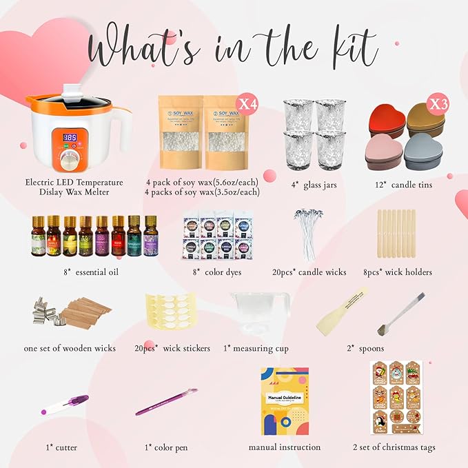 Ksedcon Digital Candle Making Kit with Wax Melting Pot, DIY Wax Melts Set with 12 Heart-Shaped Candle Jars, Full Scented Candle Maker for Adults
