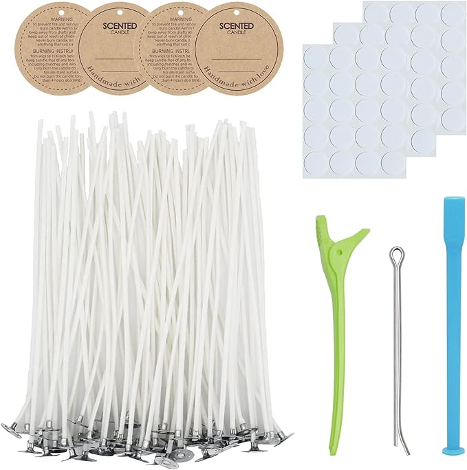 CandMak Candle Wick Kit - 60 Cotton Wicks with Candle Making Tools (Thick, 8 inches)