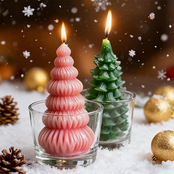 2pcs 3D Christmas Tree Silicone Candle Soap Epoxy Resin Wax Mold Silicone Shapes Christmas Trees Mold for Candle Resin Soap Craft Cake Chocolate Making Kit Christmas Gift (Cedar+Origami)