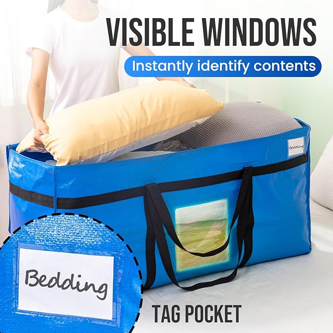 TAILI 69 Gallon Extra Large Storage Bags, XXL Blue Heavy Duty Moving Bags For Storage with Visible Window, Wrap Around Handles, Totes for Space Saving, Alternative to Moving Boxes (2 Pack)