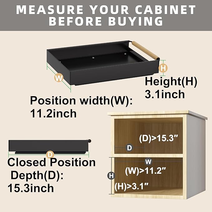 2 Pack Pull Out Cabinet Organizer, 15.3'' Deep Expandable Slide Out Cabinet Organizer Fixed with Adhesive Nano Film, Slide Out Drawers Pull Out Tray for Cabinet in Kitchen, Pantry, Bathroom, Black