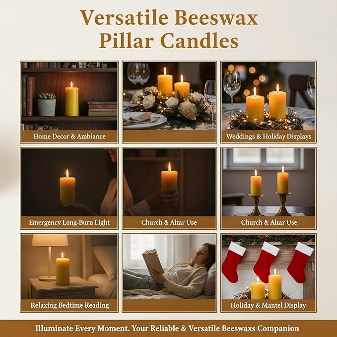Natural Beeswax Pillar Candles 2 Packs, Non Toxic Beeswax Candles 70 Hours Long Burning, Organic Emergency Bees Wax Candles for Home, Paryer, Parties, Unscented Dripless Smokeless Candles, 2x4in