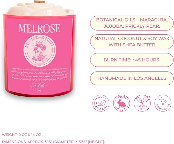 Body Oil Massage Candle | Melts into Skin Softening Warm Massage Oil - Natural Wood Wick - Soy & Coconut Wax – Cherry & Vanilla with Rose Scents - Self Care Gift (Melrose 14oz)