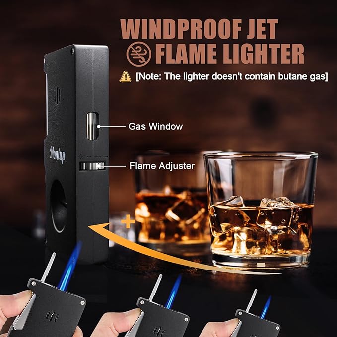 All-in-one Jet Torch Lighter with Built-in V Cutter, Punch, Gas Window, Leather case, Luxurious Gifts for Men, Adjustable Windproof Butane Refillable Cool Lighters for Outdoors, Travel, Candles