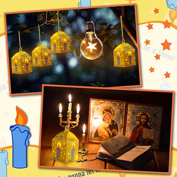 Simgoing 24 Sets Religious Candle Lantern Crafts with LED Candle Light Tissue Paper Light of Mine Lanterns Craft Kits DIY Vbs Christ Suncatchers Lanterns Hanging for Sunday School Christian Decoration
