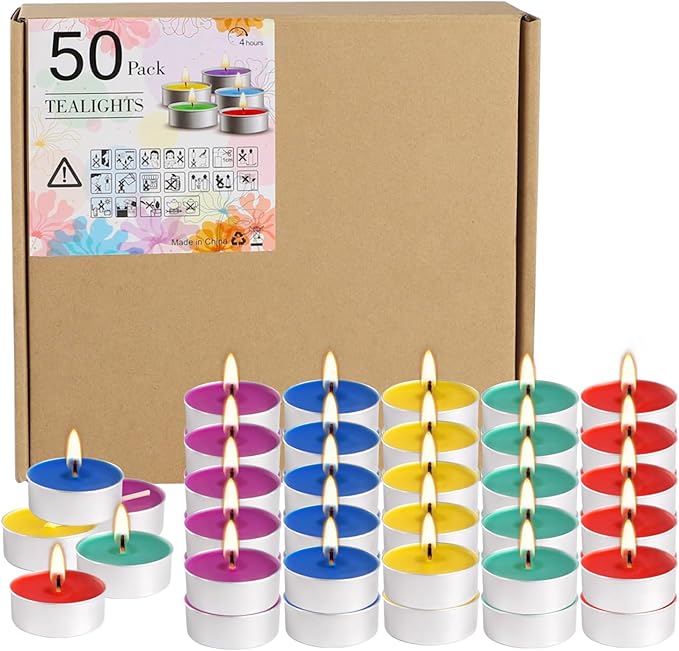 50 Pack Colorful Tealight Candles - 4-Hour Burn Unscented Smokeless Tea Lights for Home Decor, Rituals, Parties & Relaxation