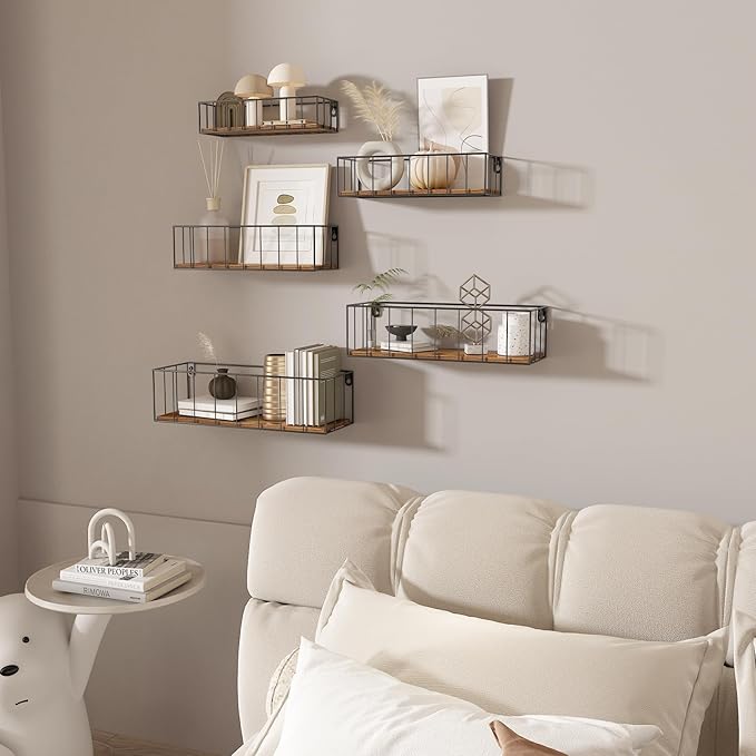 CRUGLA Floating Shelves Wall Mounted Set of 5, Hanging Storage Wall Shelf with Rail for Bathroom, Bedroom, Living Room, Kitchen