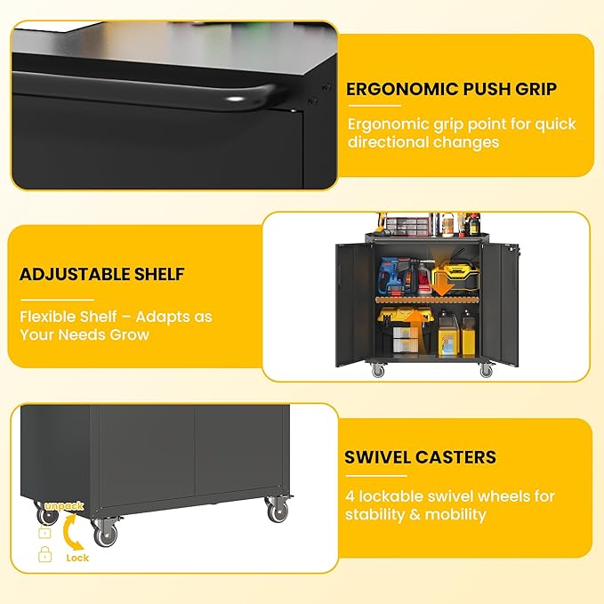 Garage Storage Cabinets with Wheels, Locking Metal Storage Cabinets with Doors and Adjustable Shelves, Easy Assembly Tool Cabinet for Garage,Basement,Warehouse