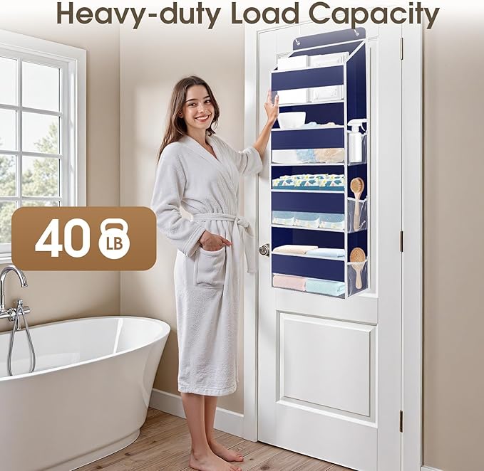 SpaceHacks 1 Pack Over The Door Organizer, Hanging Storage Organizer with Clear Window, 40lb Ultra Sturdy Large Capacity Room Organizer for Pantry Laundry Bathroom Nursery Closet (Blue)