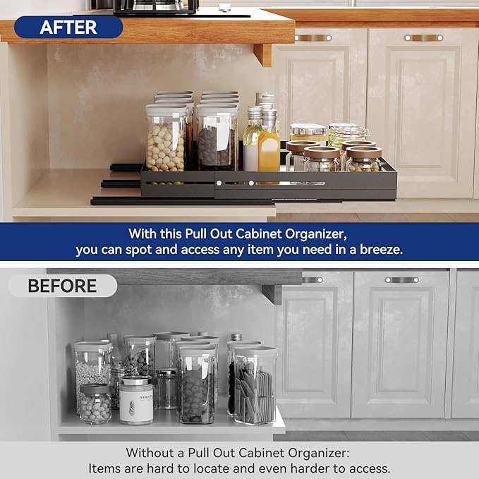 Pull out Cabinet Organizer, Full Metal Expandable Width (14.8"-20.8") & Depth (12.4"-17.7") Adjustable Slide out Drawers, No Drill Adhesive Roll out Shelves for Kitchen Pantry, Black