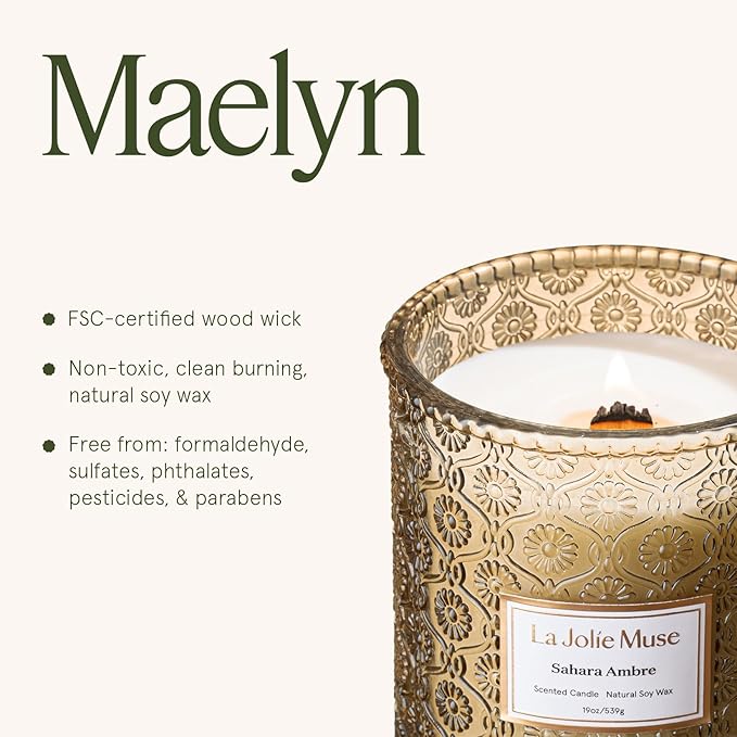 LA JOLIE MUSE | Sahara Amber Candle | Bergamot, Clove & Amber | 19 oz Wooden Wick | Natural Soy Wax | 90 Hours Clean Burn | Gift-Ready for Cozy Nights | Elevated Fall Décor