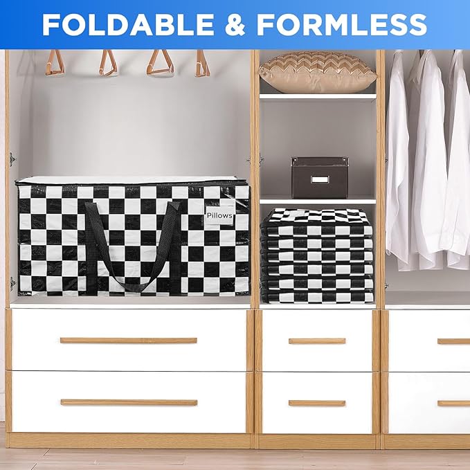 Extra Large Moving Bags Heavy Duty Storage Bags with Zipper Handles, BETU 6 Pack Clothes Storage Totes Bins Packing Moving Boxes, Moving Supplies for College Dorm Essentials, Space Saving,White Plaid