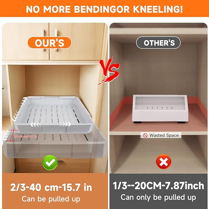 Pull out Cabinet Organizer 2 Pack,Adjustable Width (14"-19") and Depth (17"-24"),No Drill Slide out Drawers for Kitchen,Pantry,Adhesive Roll out Shelves,for Cabinets Without Lip,White